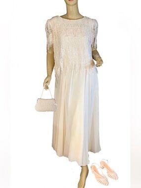 VINTAGE 1990'S CACHET CREAM FRINGR POP OVER OCCASION DRESS (15/16/L)